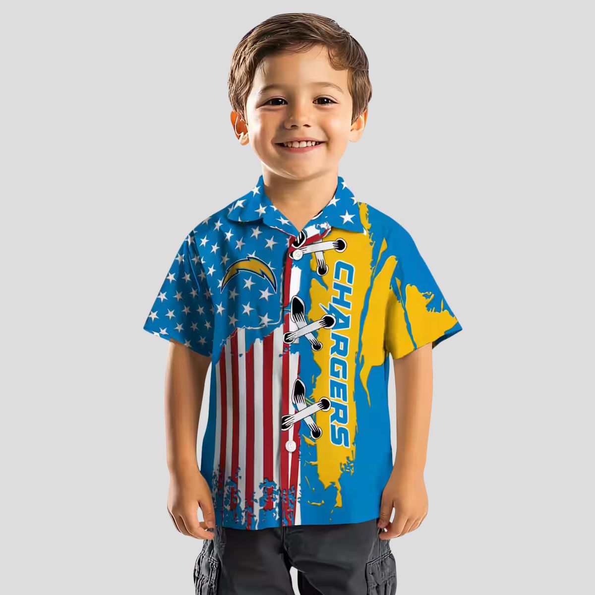 Los Angeles Chargers Blue Hawaiian Shirt, Stitched Flag NFL Aloha Floral Button Up Shirt
