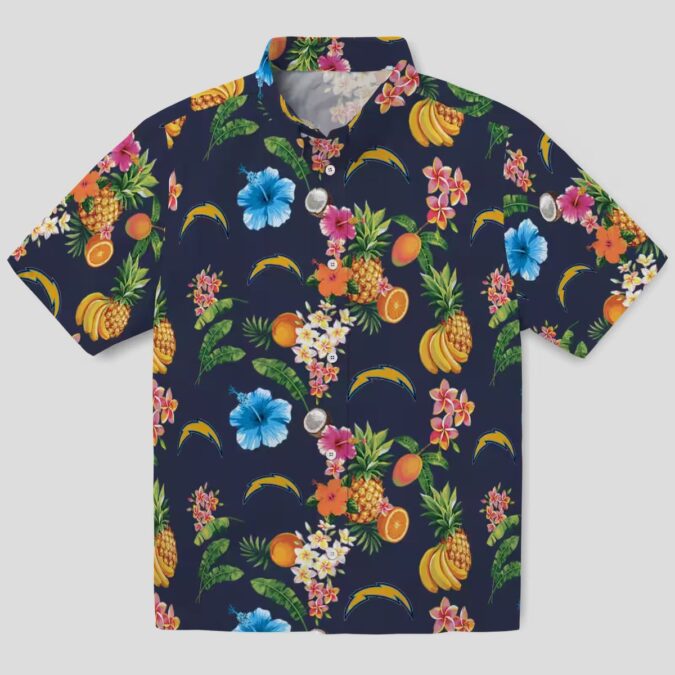 Los Angeles Chargers Hibiscus Hawaiian Shirt, Tropical Fruit Navy Blue Beach Shirt