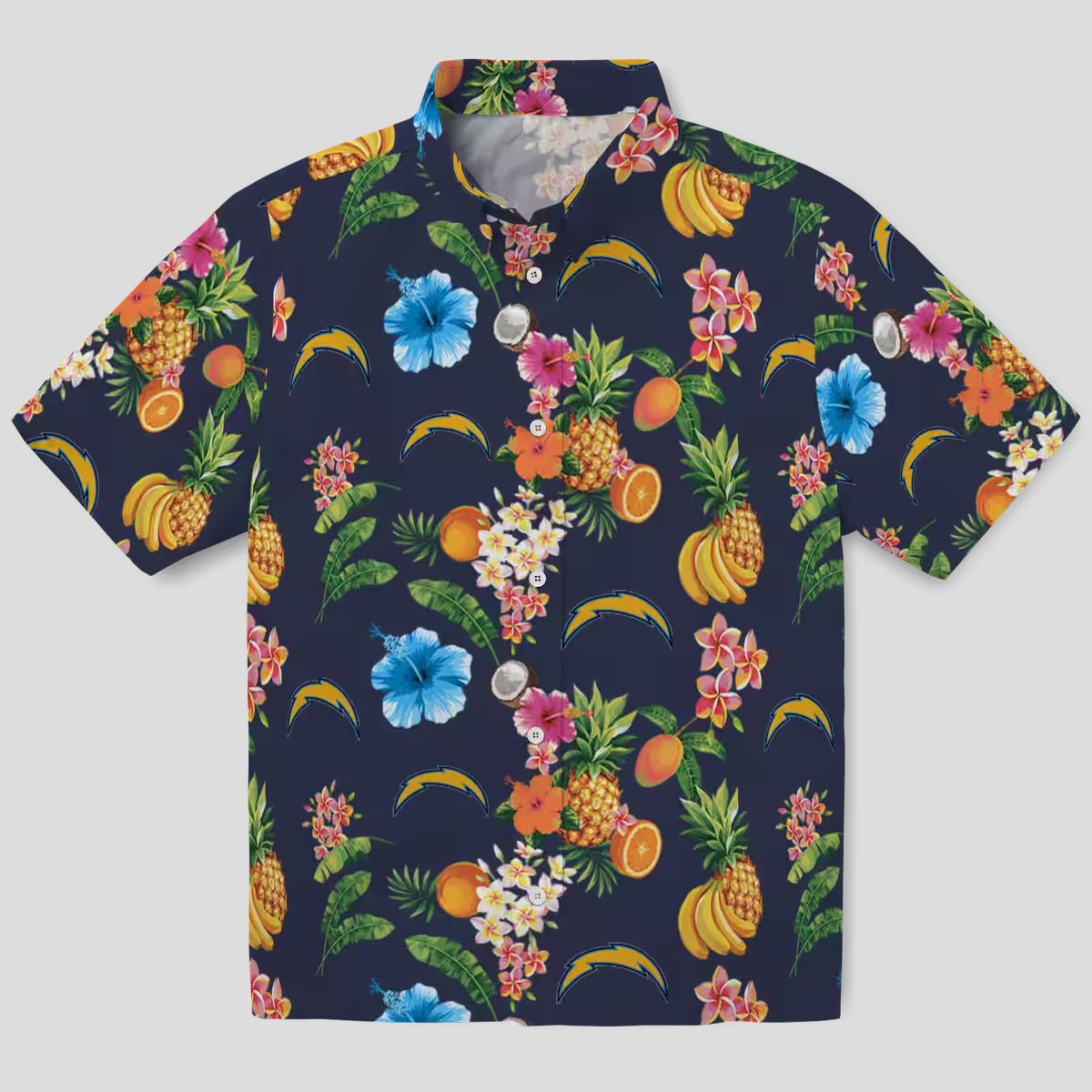 Los Angeles Chargers Hibiscus Hawaiian Shirt, Tropical Fruit Navy Blue Beach Shirt