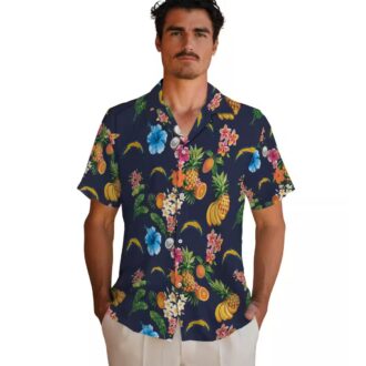 Los Angeles Chargers Hibiscus Hawaiian Shirt, Tropical Fruit Navy Blue Beach Shirt