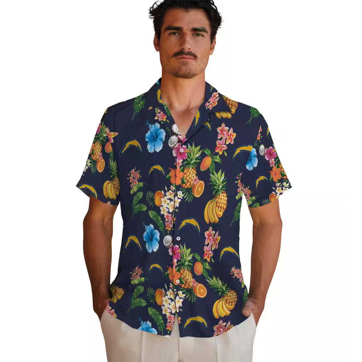 Los Angeles Chargers Hibiscus Hawaiian Shirt, Tropical Fruit Navy Blue Beach Shirt