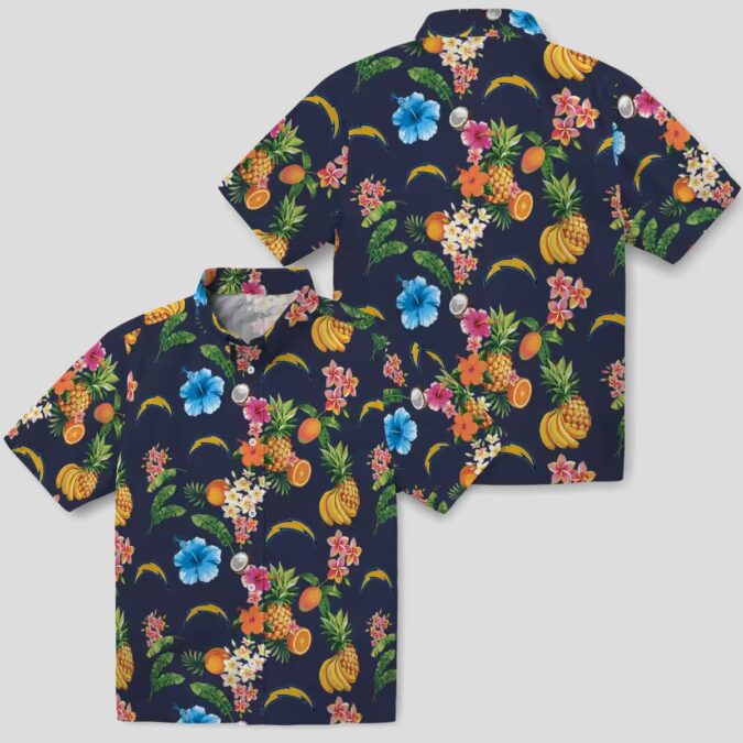 Los Angeles Chargers Hibiscus Hawaiian Shirt, Tropical Fruit Navy Blue Beach Shirt
