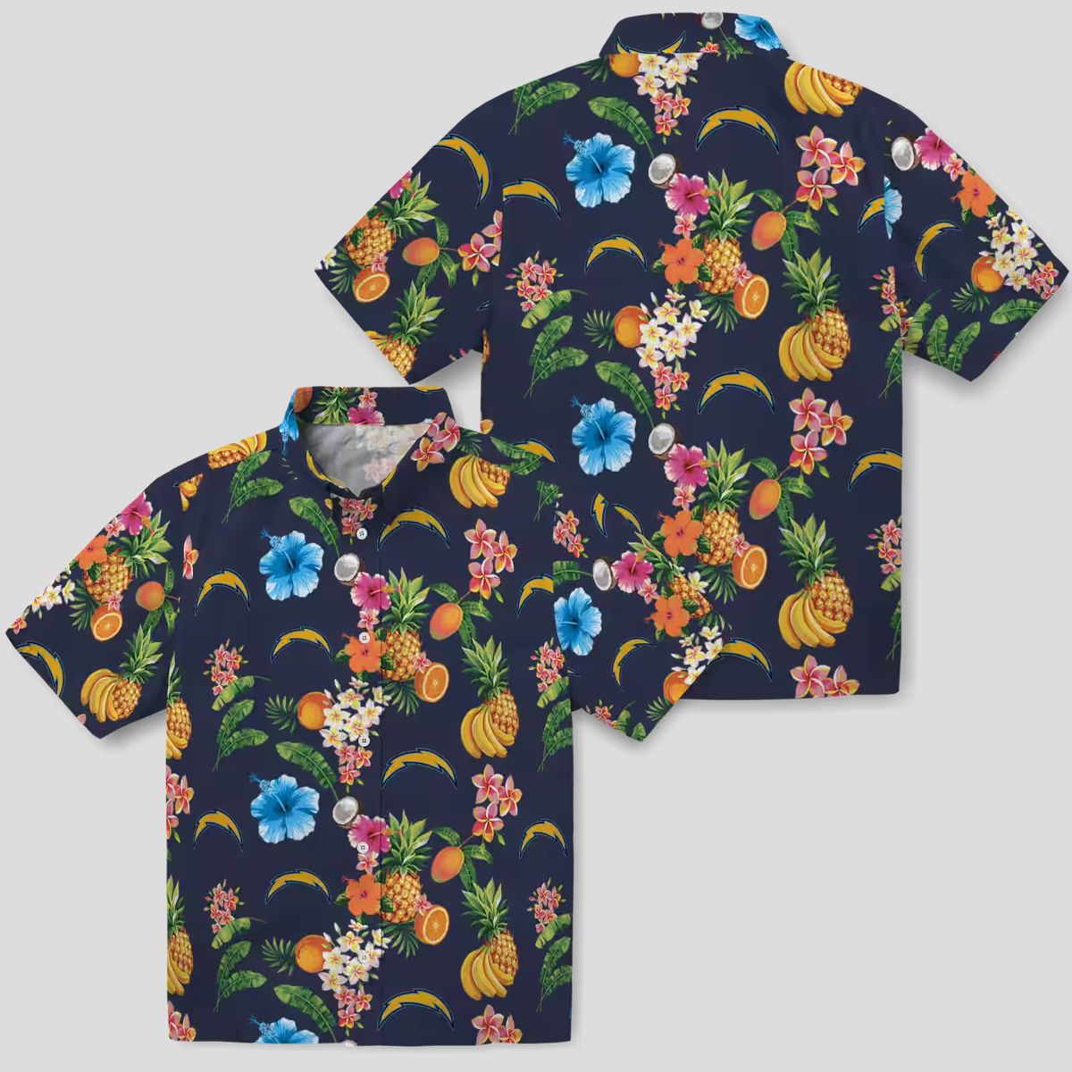 Los Angeles Chargers Hibiscus Hawaiian Shirt, Tropical Fruit Navy Blue Beach Shirt