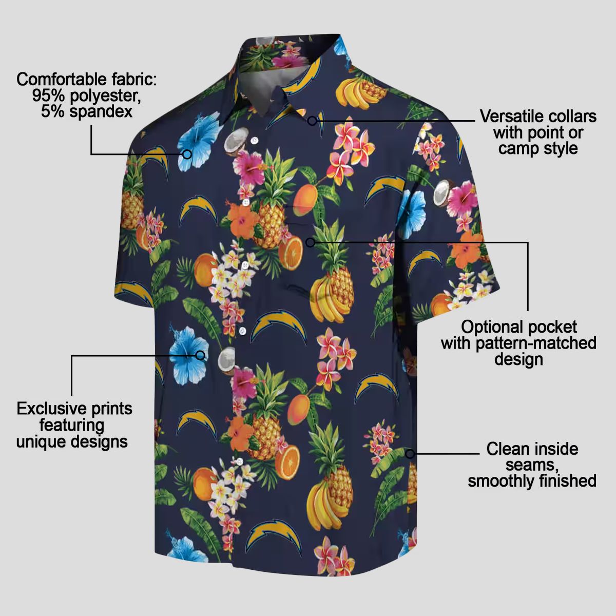 Los Angeles Chargers Hibiscus Hawaiian Shirt, Tropical Fruit Navy Blue Beach Shirt