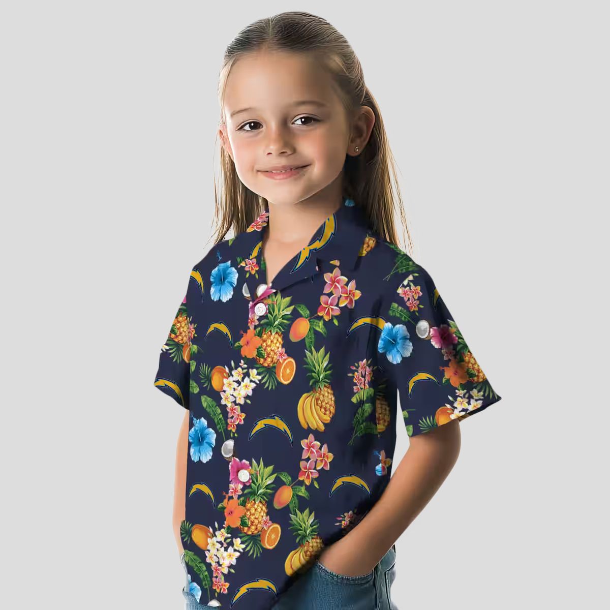 Los Angeles Chargers Hibiscus Hawaiian Shirt, Tropical Fruit Navy Blue Beach Shirt