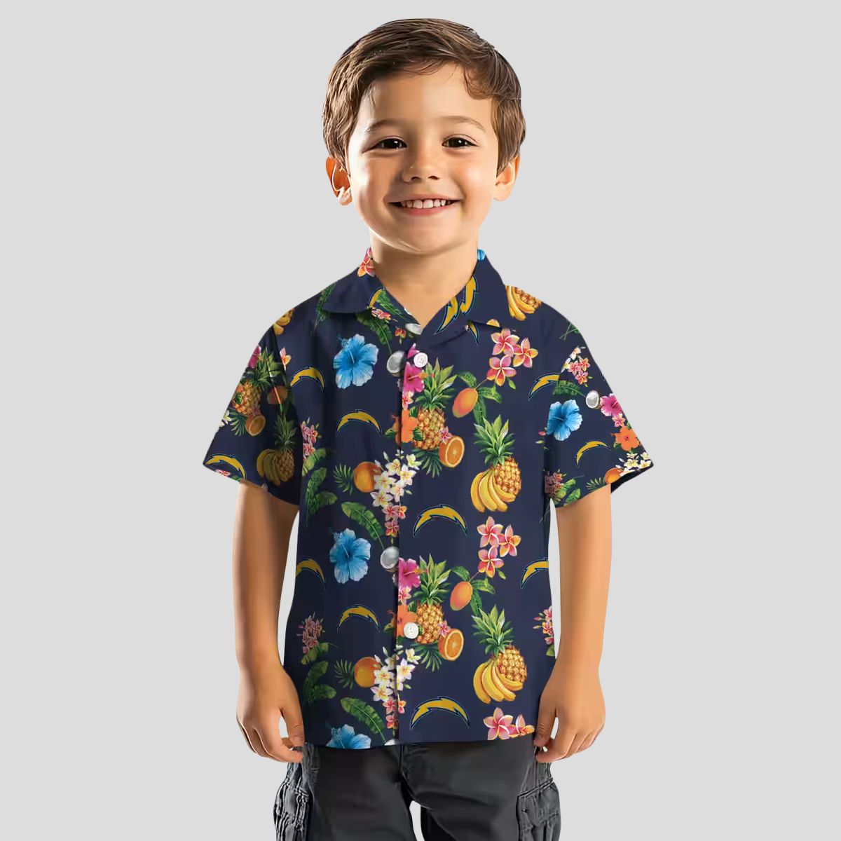 Los Angeles Chargers Hibiscus Hawaiian Shirt, Tropical Fruit Navy Blue Beach Shirt
