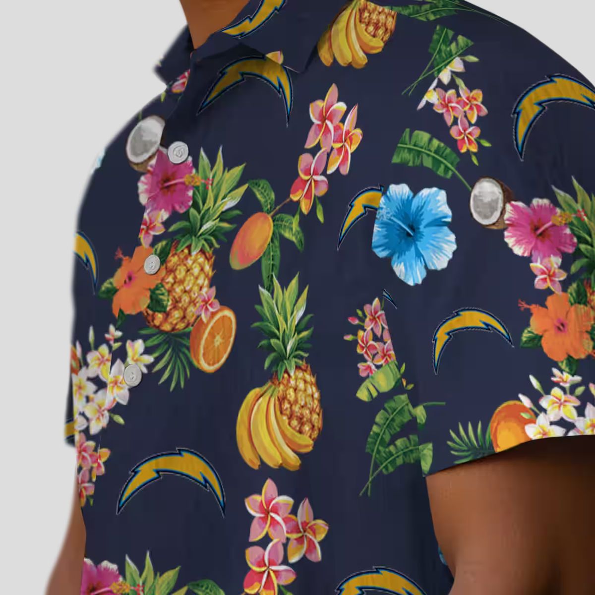 Los Angeles Chargers Hibiscus Hawaiian Shirt, Tropical Fruit Navy Blue Beach Shirt