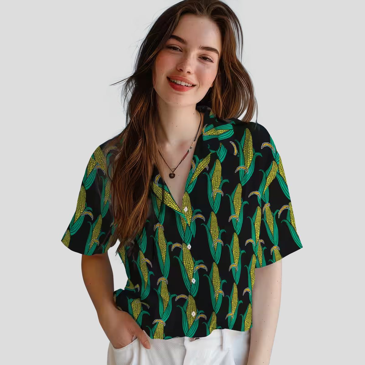 Los Angeles Chargers NFL Tropical Hawaiian Shirt, Black Green Design with Corn Motifs