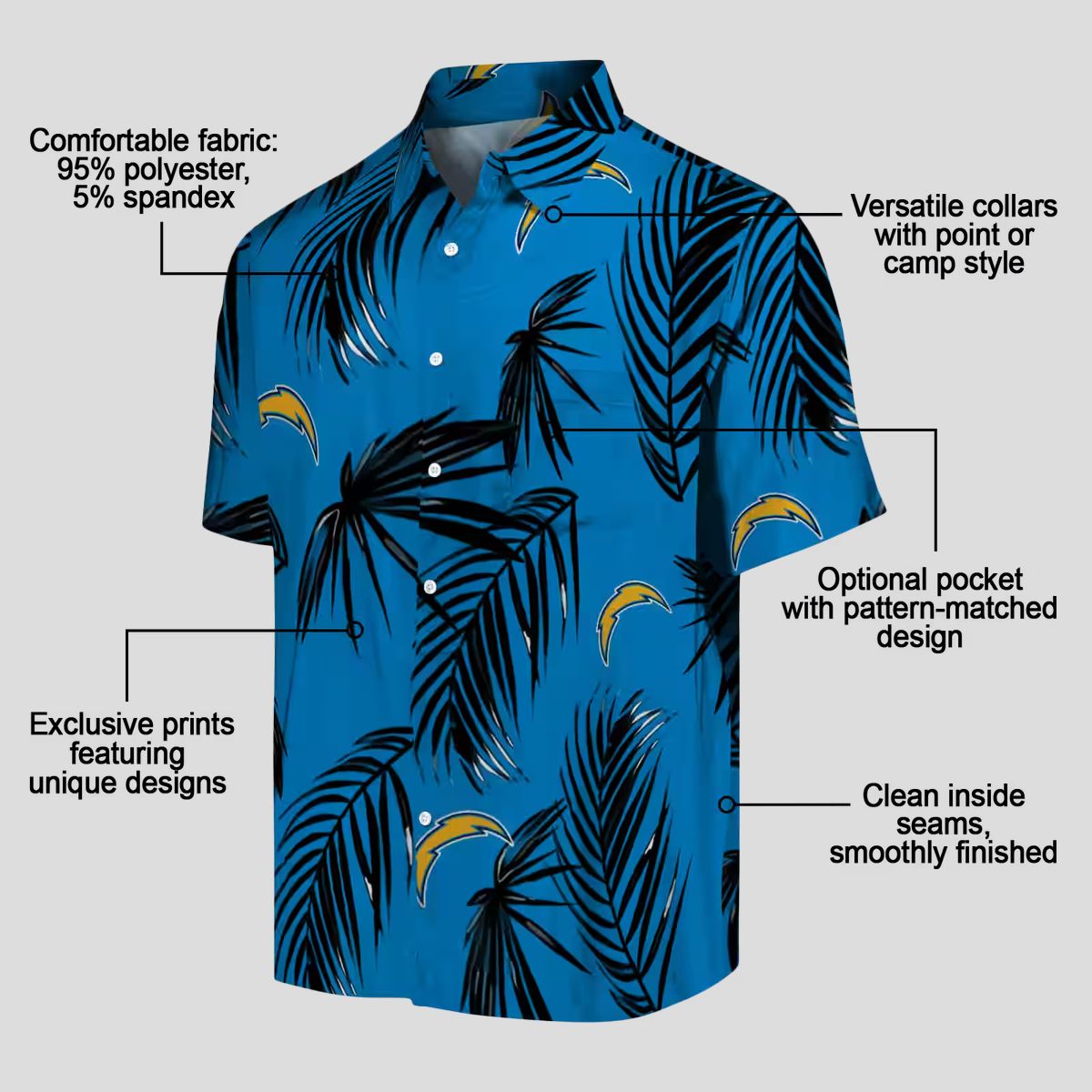 Los Angeles Chargers Palm Leaf Hawaiian Shirt, Blue Aloha Tropical Design for NFL Fans