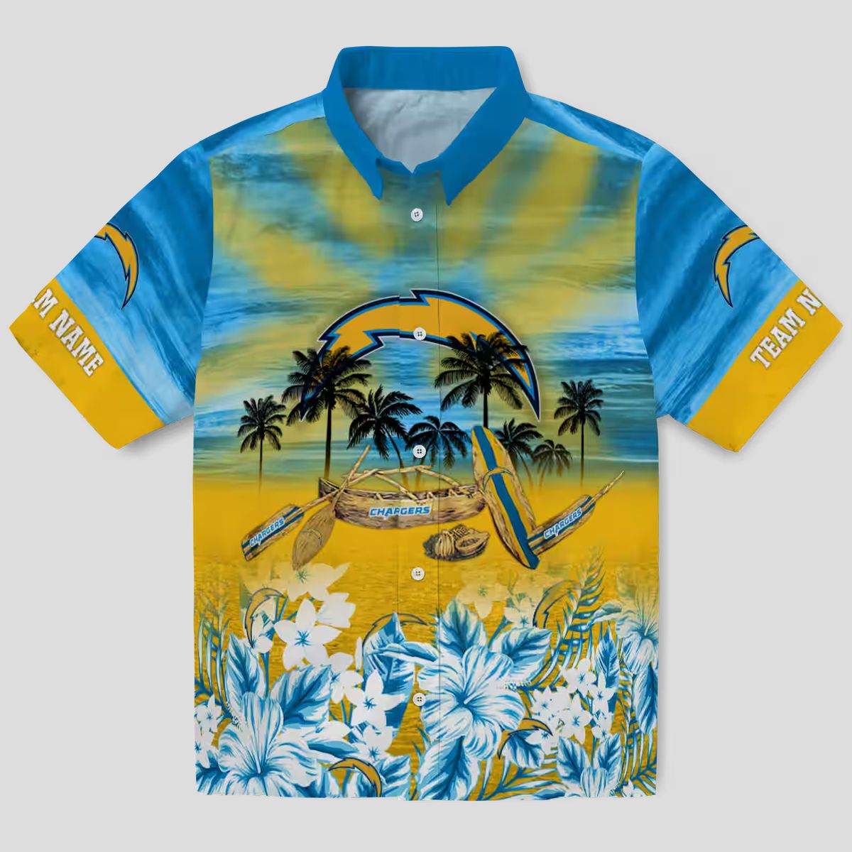 Los Angeles Chargers Personalized Tropical Canoe Hawaiian Shirt, Blue Aloha Shirt