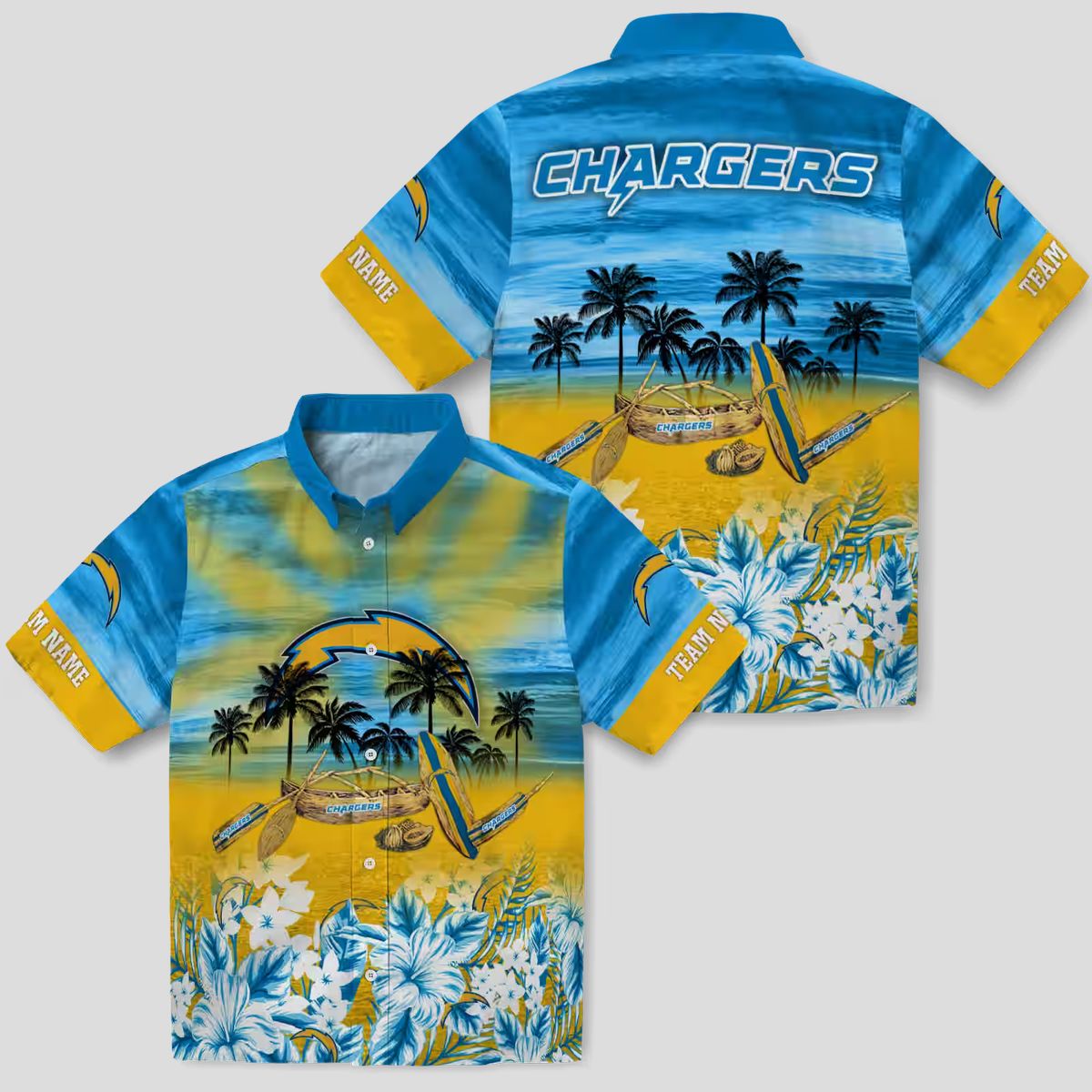 Los Angeles Chargers Personalized Tropical Canoe Hawaiian Shirt, Blue Aloha Shirt