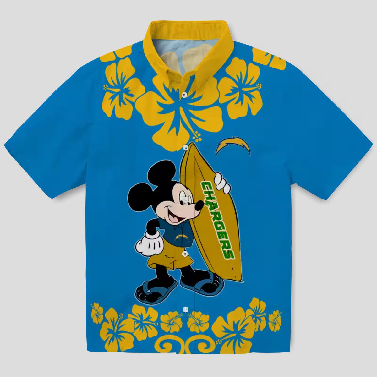 Los Angeles Chargers Surfing Mickey Shirt, Blue Hawaiian Aloha Style for NFL Fans