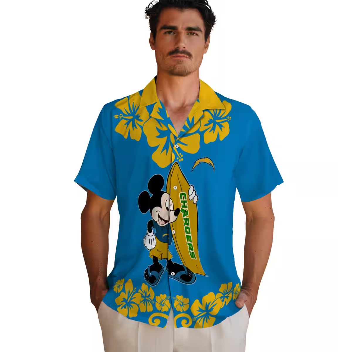Los Angeles Chargers Surfing Mickey Shirt, Blue Hawaiian Aloha Style for NFL Fans