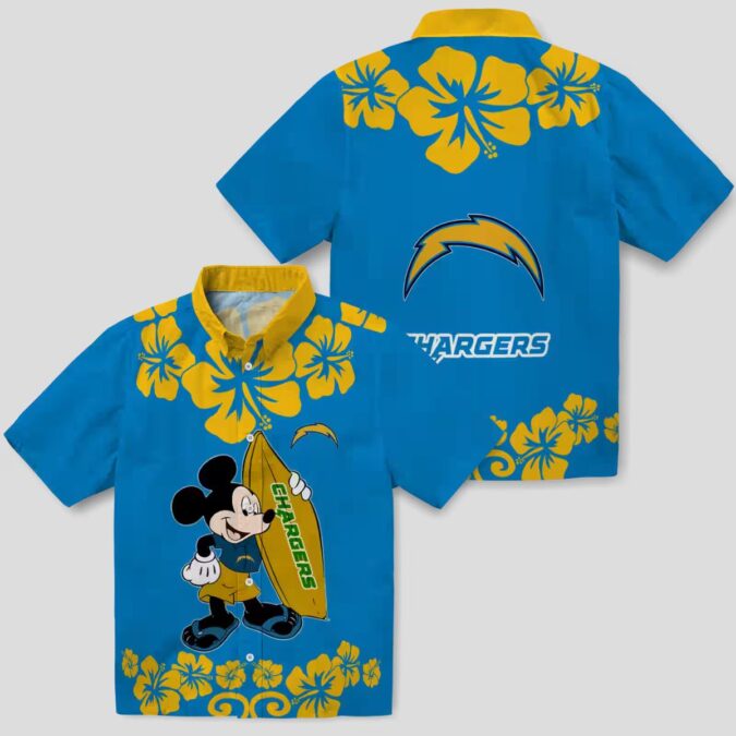 Los Angeles Chargers Surfing Mickey Shirt, Blue Hawaiian Aloha Style for NFL Fans