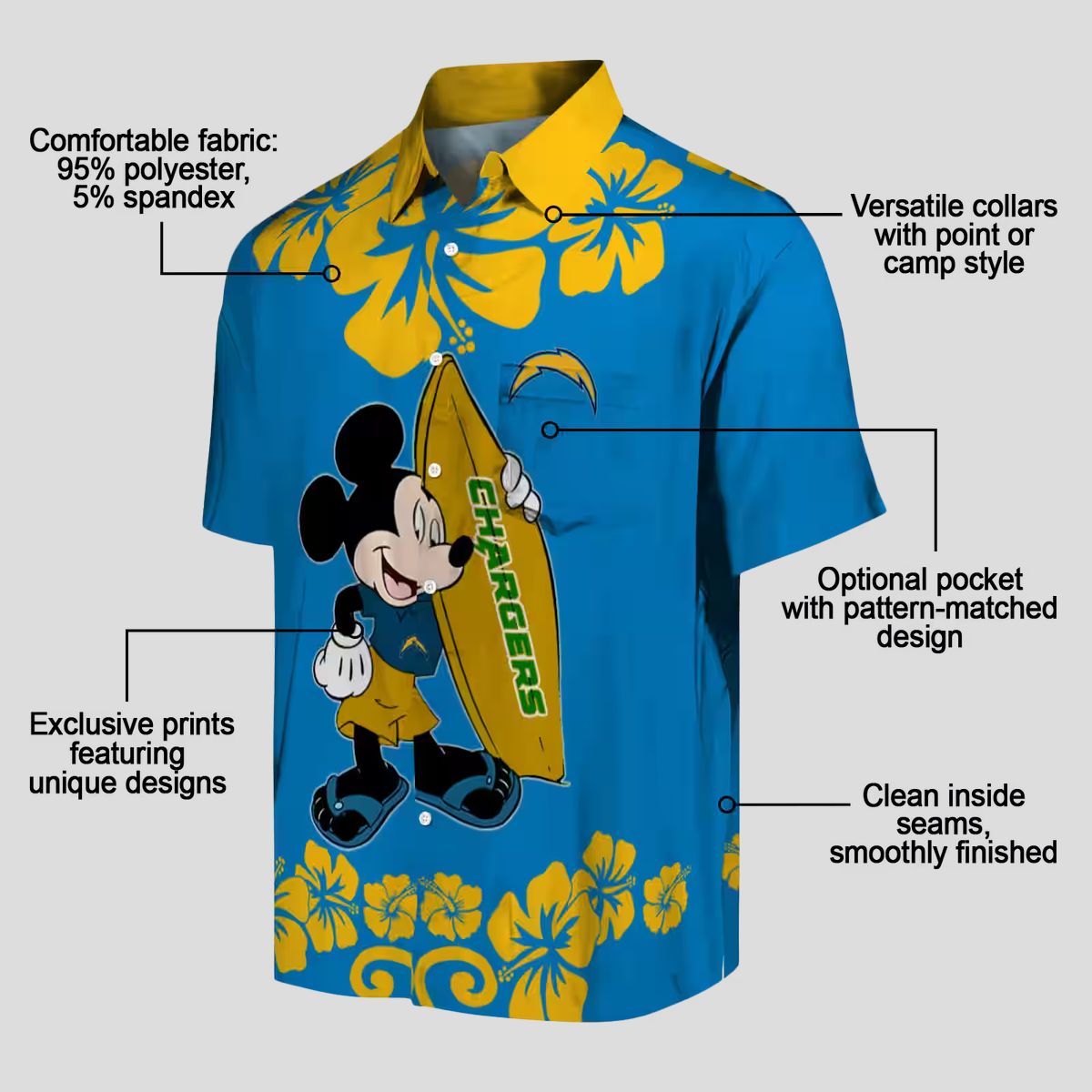 Los Angeles Chargers Surfing Mickey Shirt, Blue Hawaiian Aloha Style for NFL Fans
