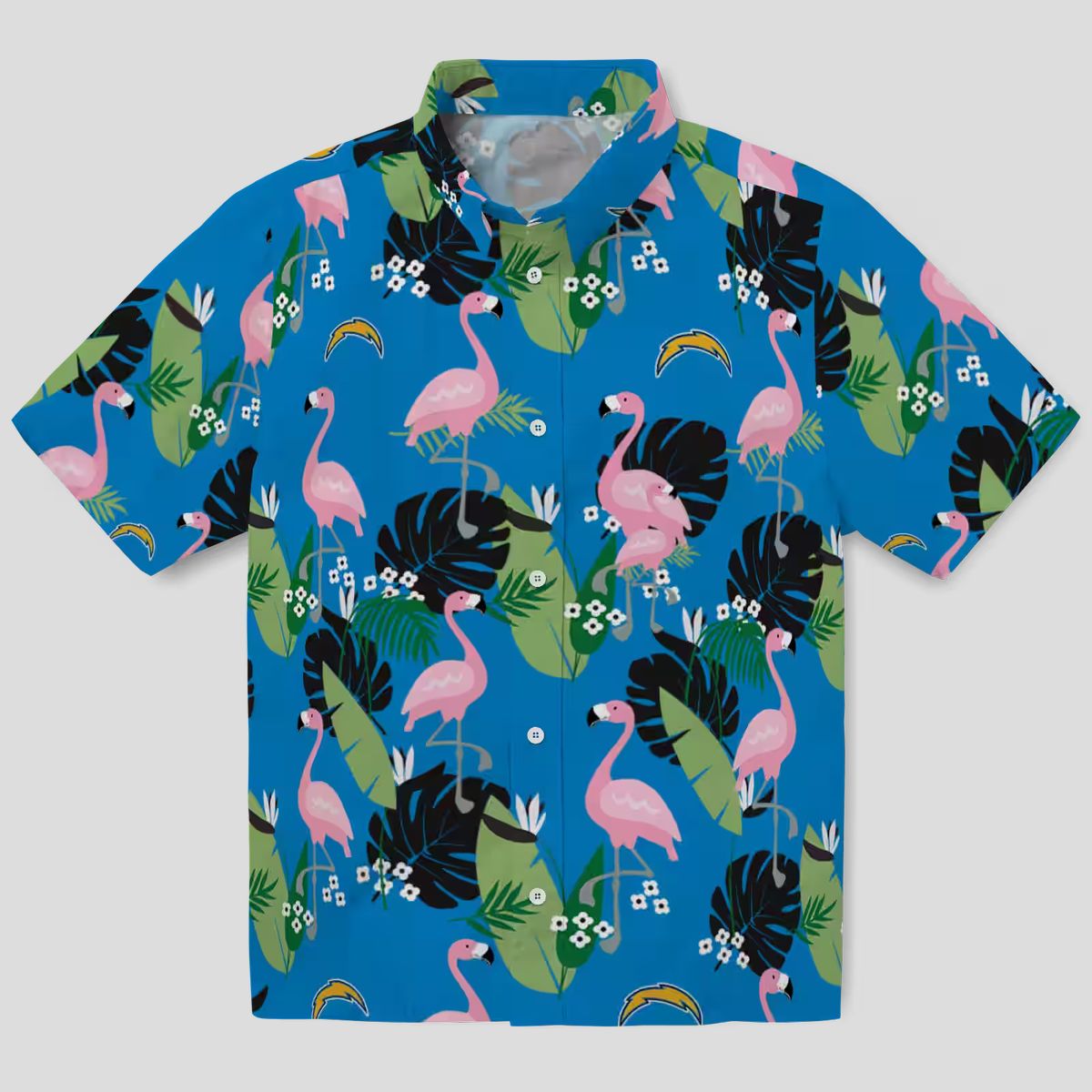 Los Angeles Chargers Tropical Hawaiian Shirt, Flamingo Blue Green Foliage Design
