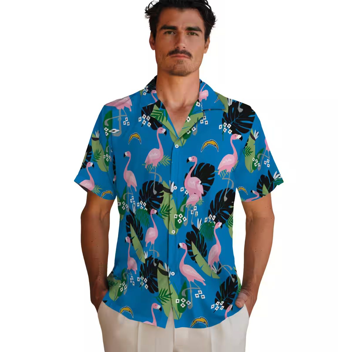 Los Angeles Chargers Tropical Hawaiian Shirt, Flamingo Blue Green Foliage Design