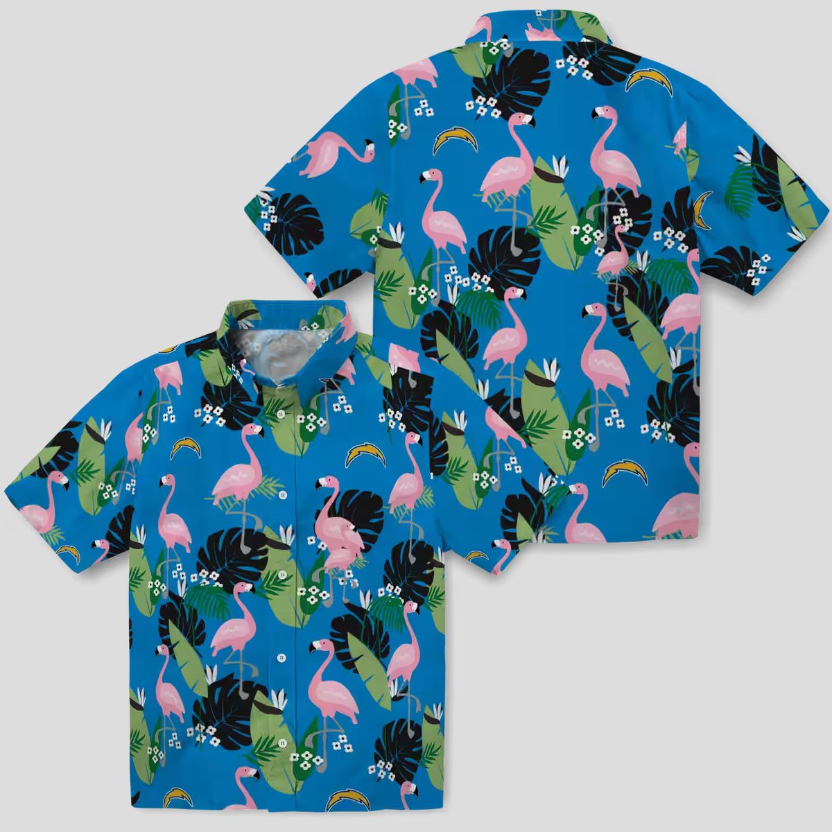 Los Angeles Chargers Tropical Hawaiian Shirt, Flamingo Blue Green Foliage Design