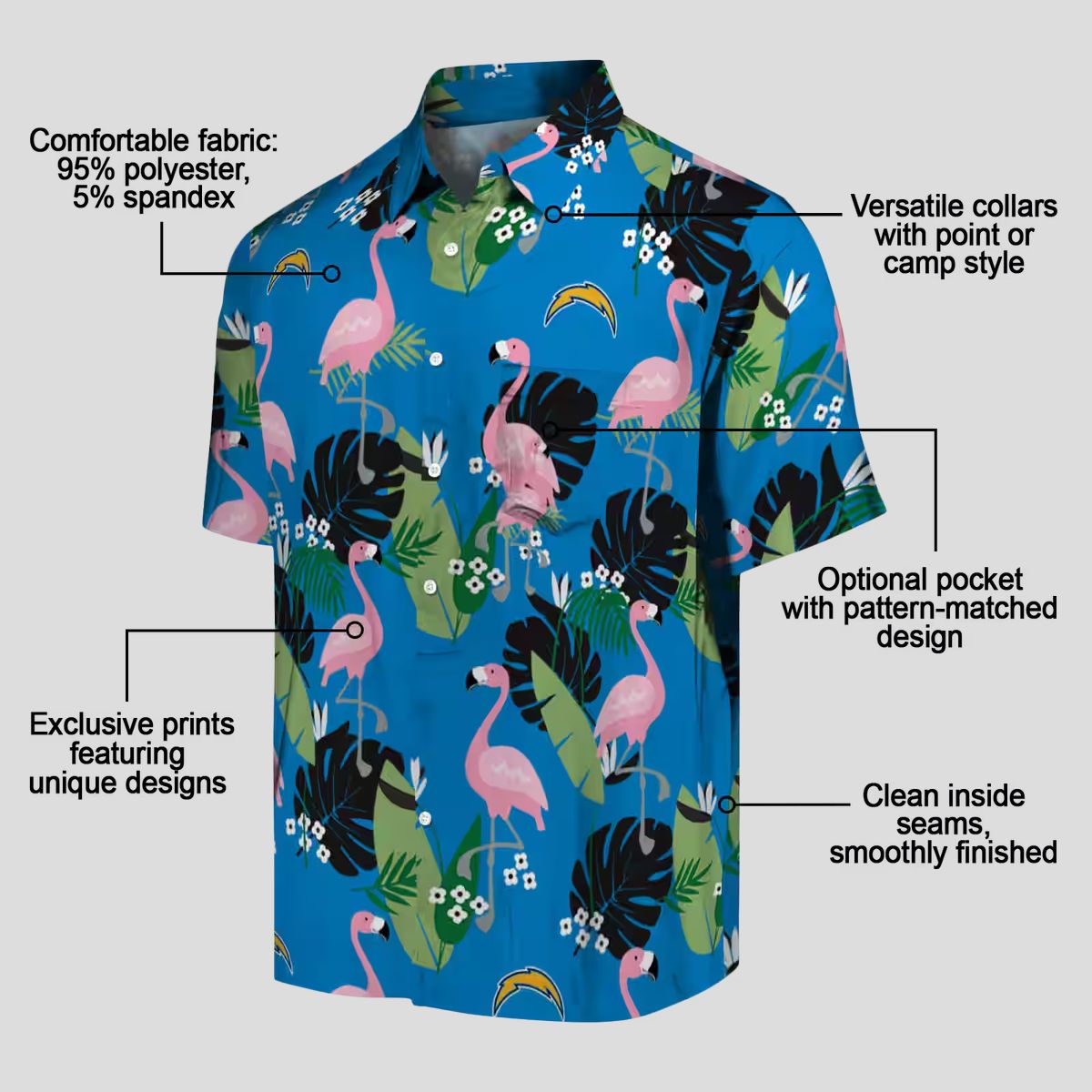 Los Angeles Chargers Tropical Hawaiian Shirt, Flamingo Blue Green Foliage Design