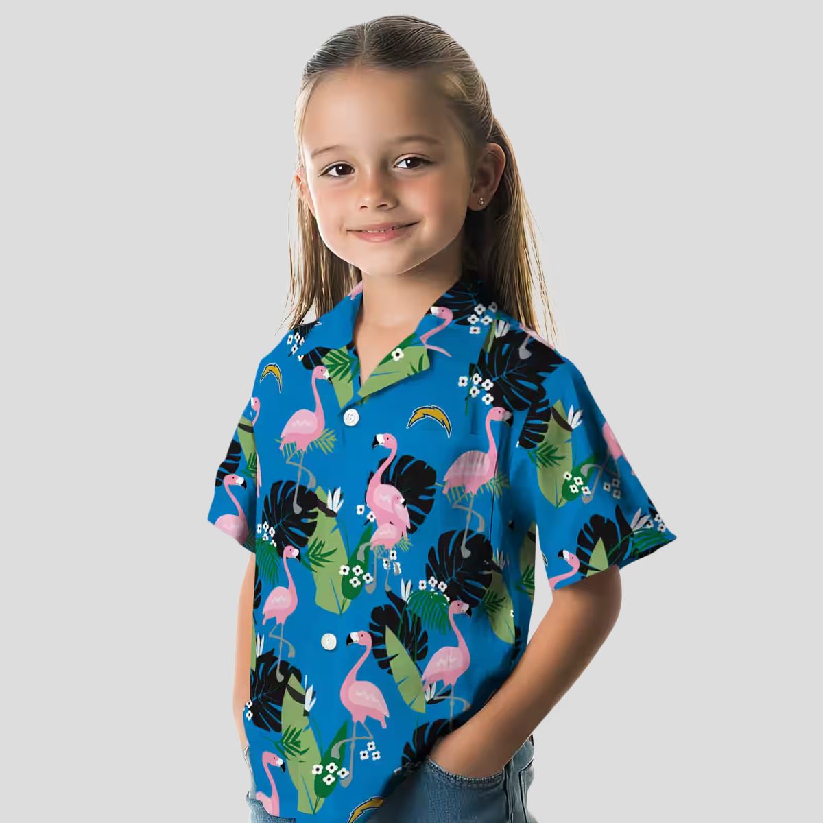 Los Angeles Chargers Tropical Hawaiian Shirt, Flamingo Blue Green Foliage Design