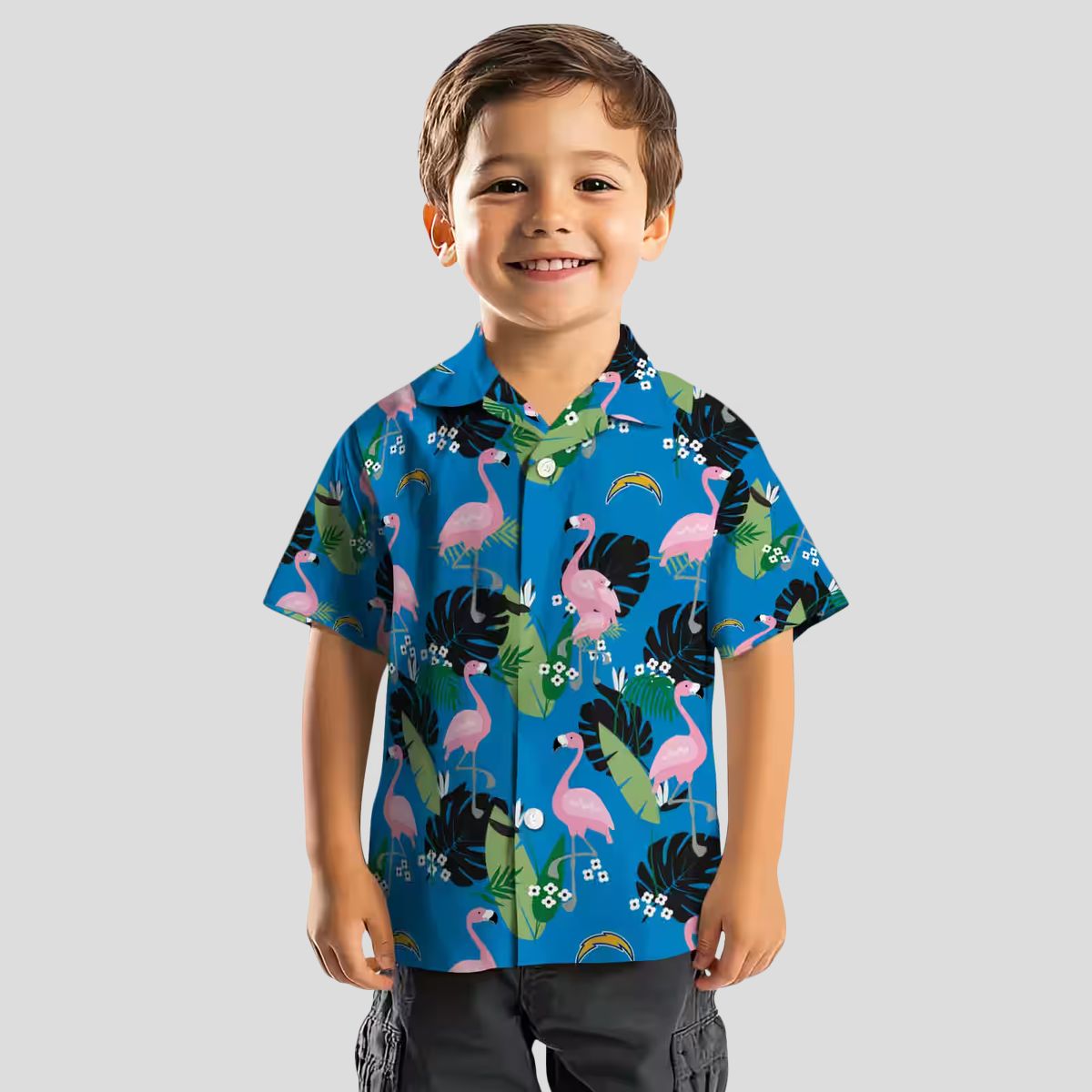 Los Angeles Chargers Tropical Hawaiian Shirt, Flamingo Blue Green Foliage Design
