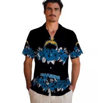 NFL Los Angeles Chargers Aloha Beach Shirt, Hibiscus Stripe Blue Black Hawaiian Shirt