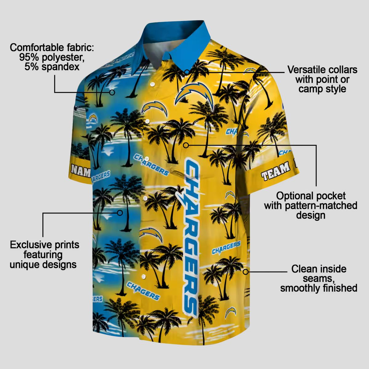 NFL Los Angeles Chargers Custom Hawaiian Shirt, Palm Silhouettes Blue Tropical Shirt