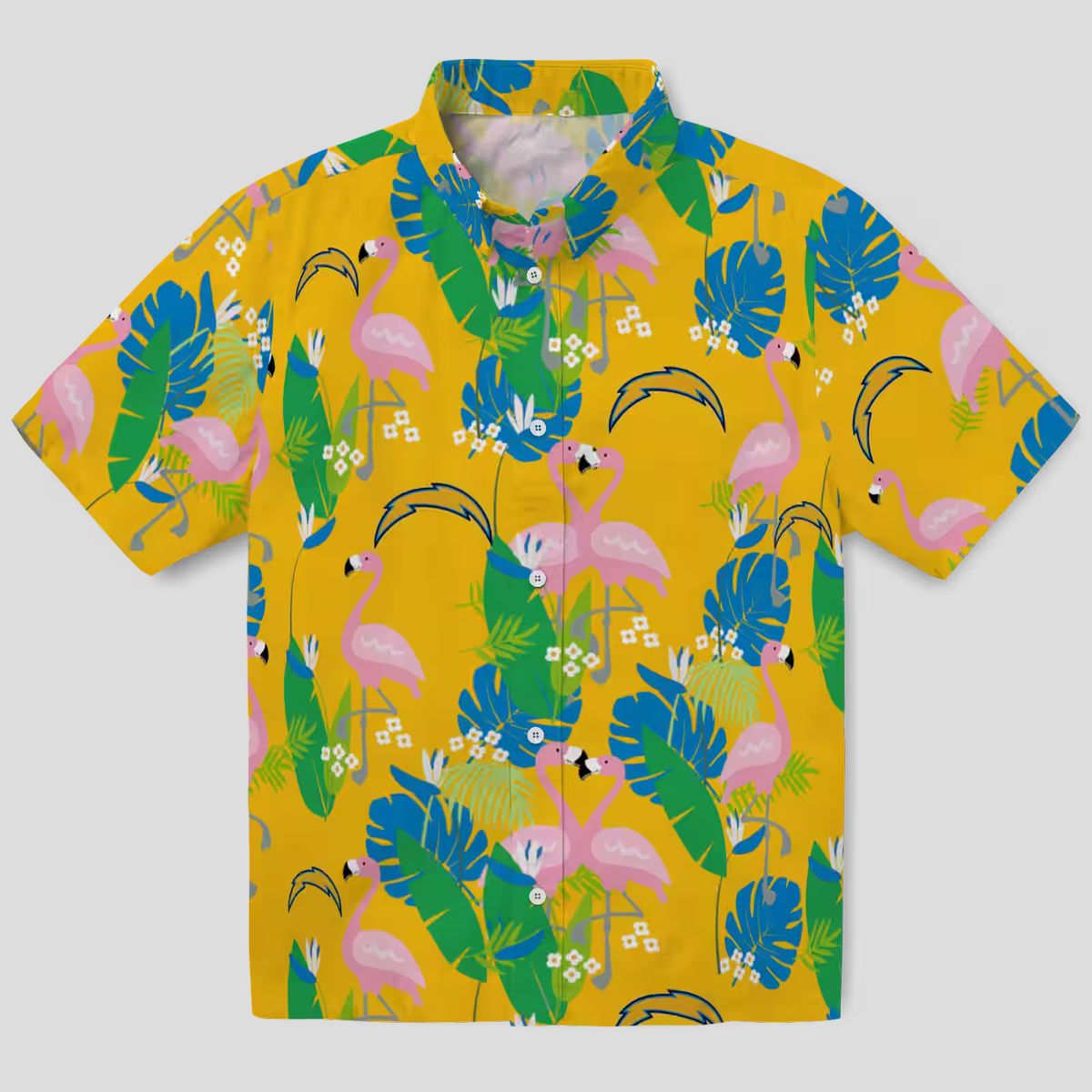 NFL Los Angeles Chargers Flamingo Hawaiian Shirt, Blue Green Tropical Foliage Shirt