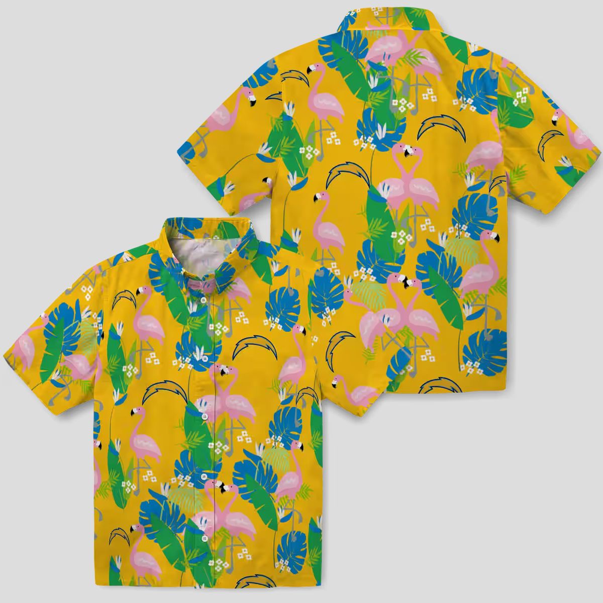 NFL Los Angeles Chargers Flamingo Hawaiian Shirt, Blue Green Tropical Foliage Shirt