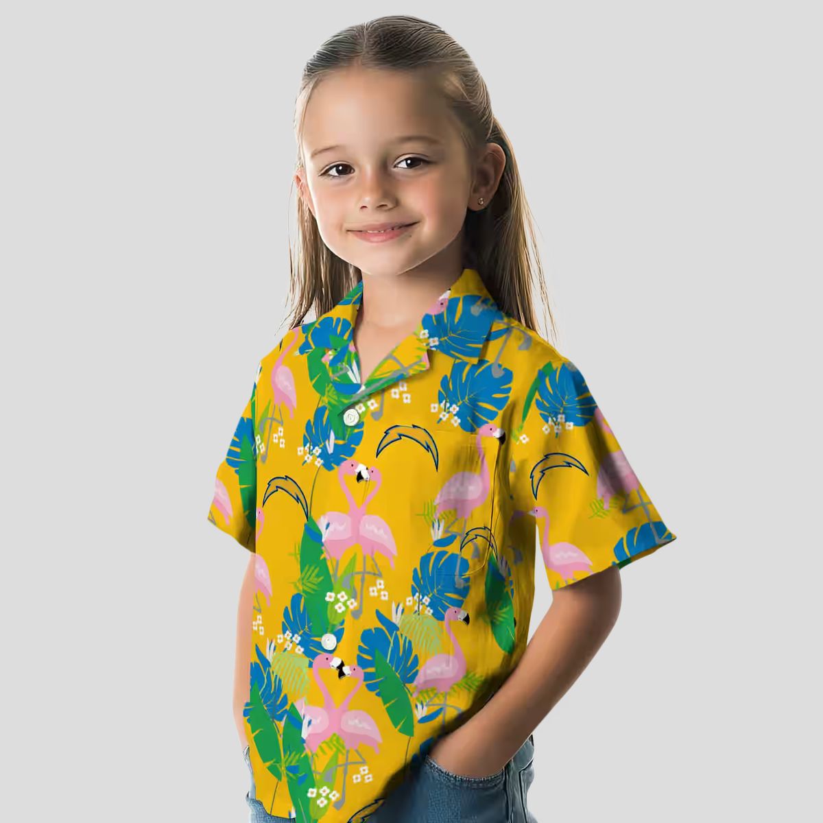 NFL Los Angeles Chargers Flamingo Hawaiian Shirt, Blue Green Tropical Foliage Shirt