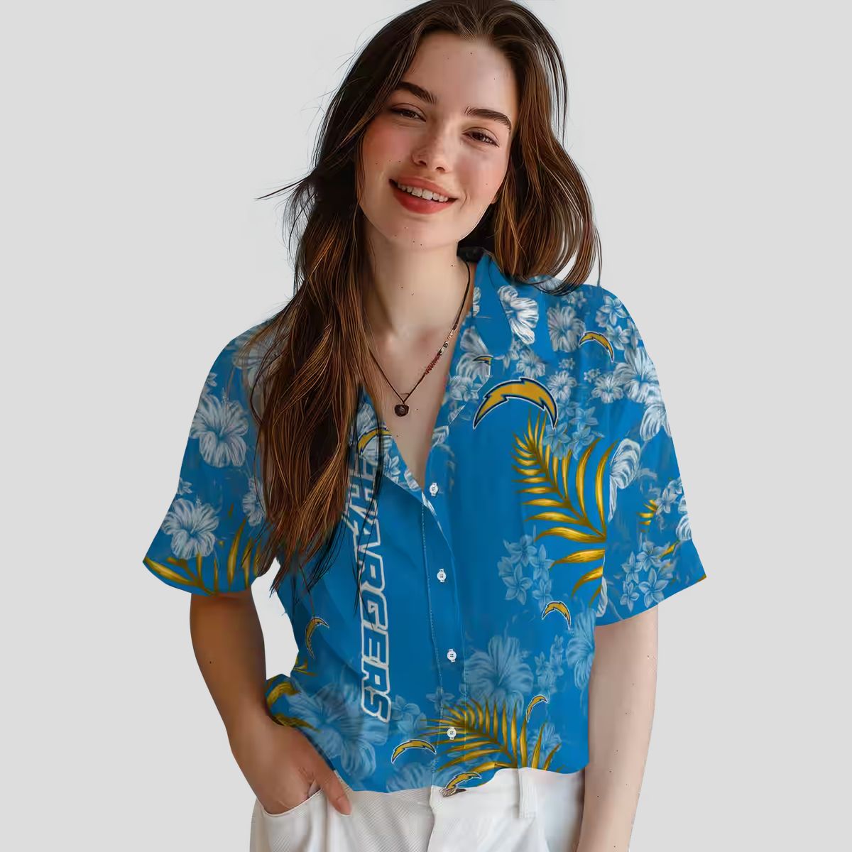 NFL Los Angeles Chargers Hibiscus Hawaiian Shirt, Blue Tropical Beach Shirt for Fans