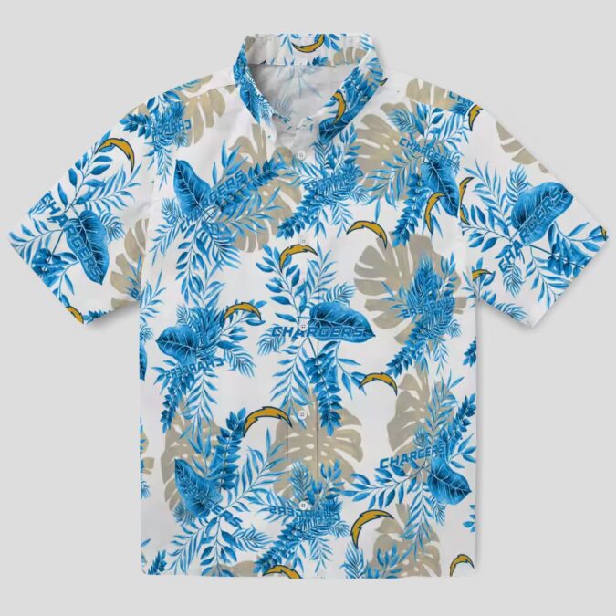 NFL Los Angeles Chargers Tropical Leaves Hawaiian Shirt, Blue & White Aloha Shirt