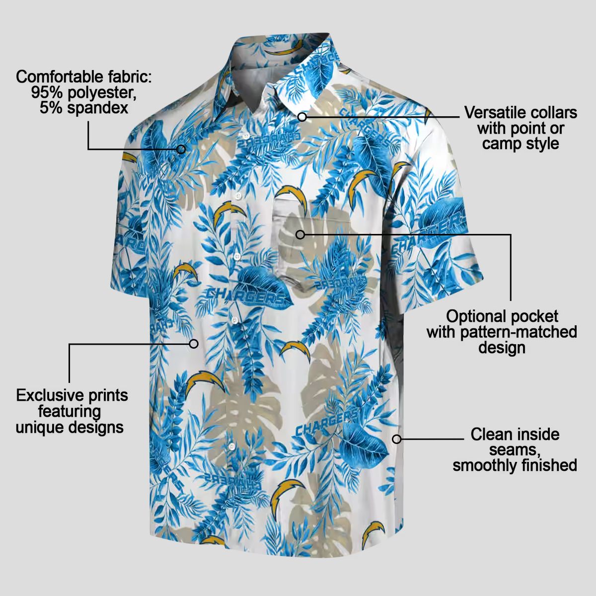 NFL Los Angeles Chargers Tropical Leaves Hawaiian Shirt, Blue & White Aloha Shirt
