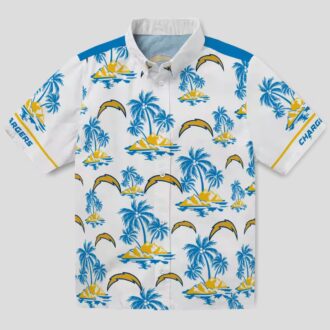Tropical Los Angeles Chargers Hawaiian Shirt, Palm Island Print in Blue & White