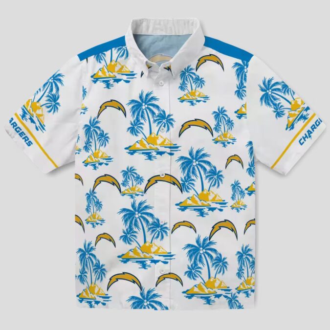 Tropical Los Angeles Chargers Hawaiian Shirt, Palm Island Print in Blue & White