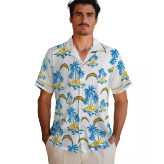 Tropical Los Angeles Chargers Hawaiian Shirt, Palm Island Print in Blue & White