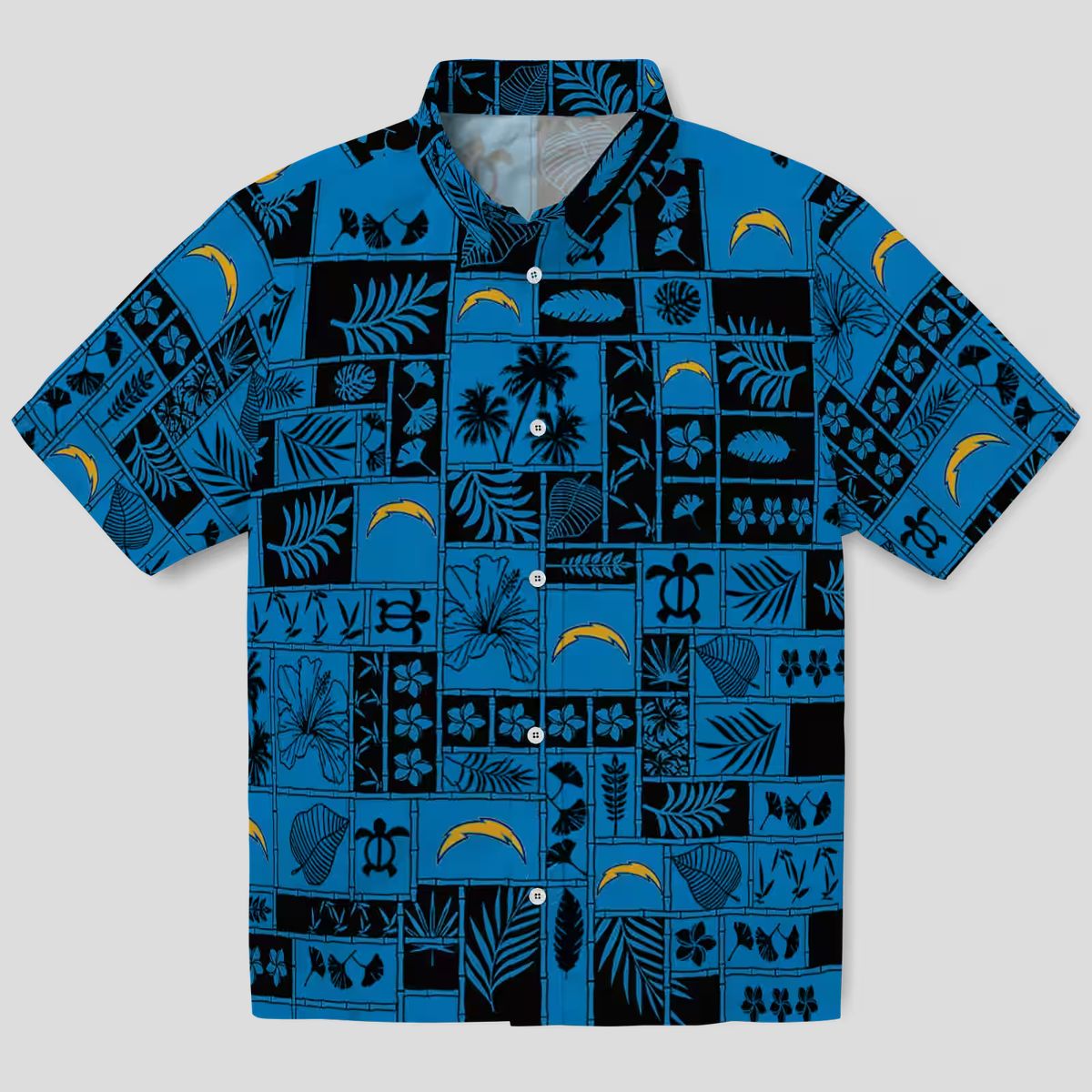 Tropical Patchwork Los Angeles Chargers Hawaiian Shirt Blue & Black for Summer Fans