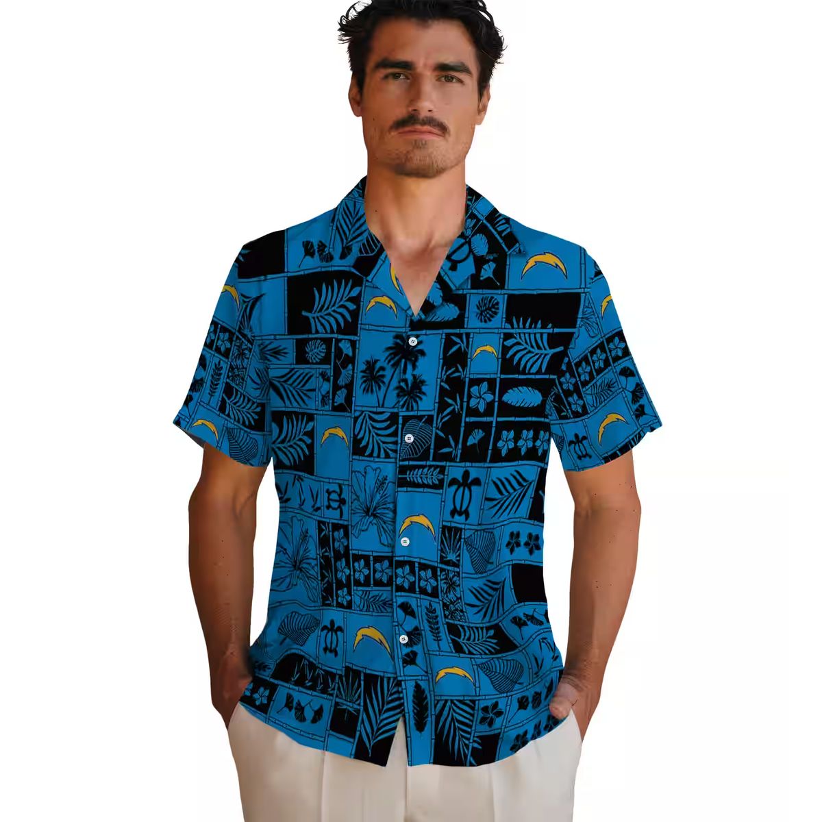 Tropical Patchwork Los Angeles Chargers Hawaiian Shirt Blue & Black for Summer Fans