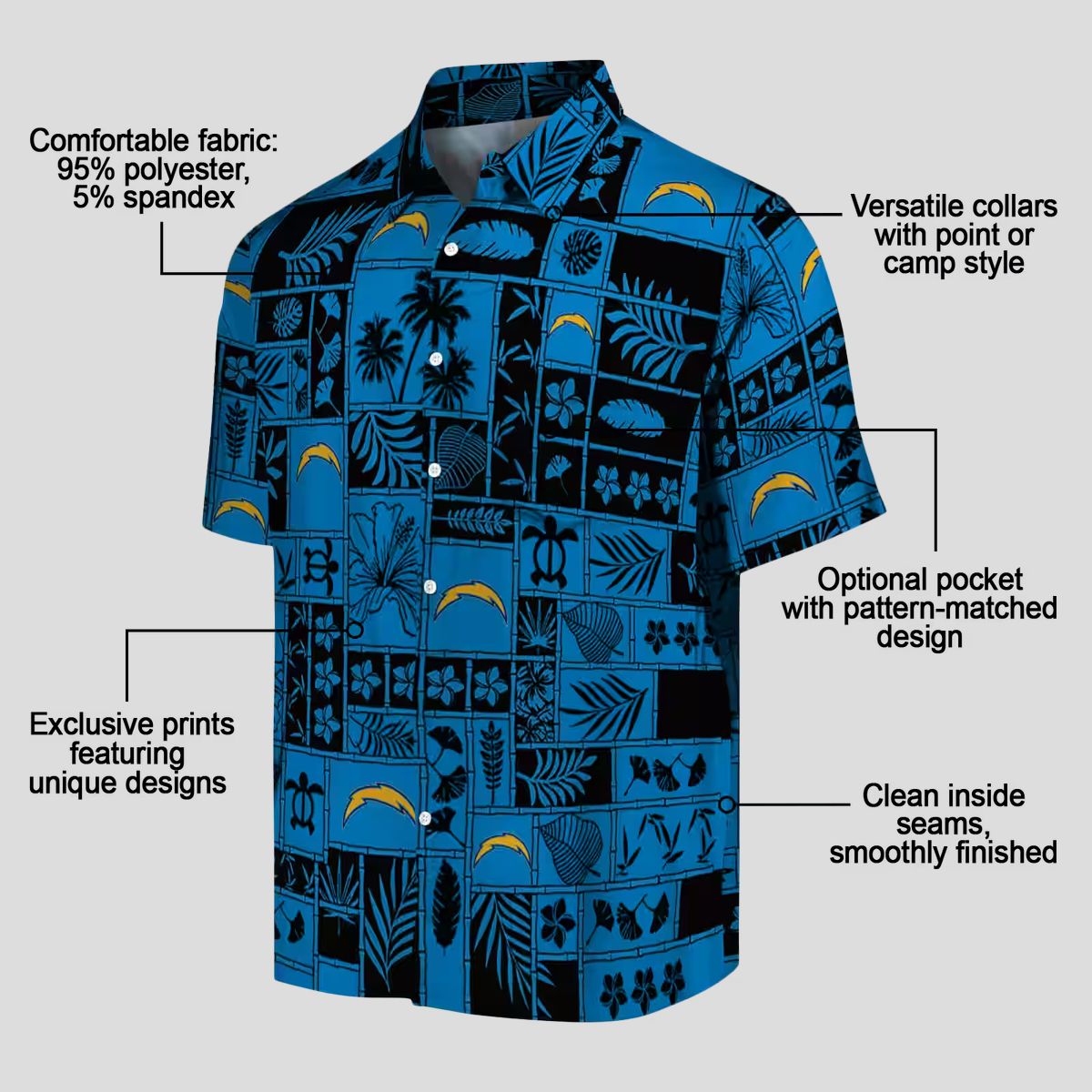 Tropical Patchwork Los Angeles Chargers Hawaiian Shirt Blue & Black for Summer Fans