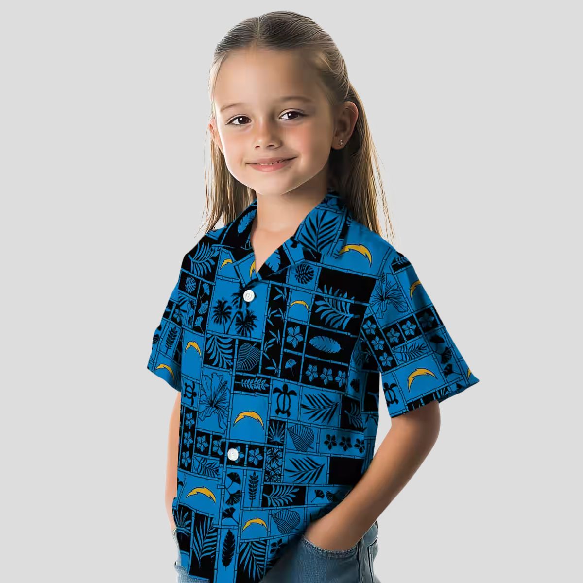 Tropical Patchwork Los Angeles Chargers Hawaiian Shirt Blue & Black for Summer Fans