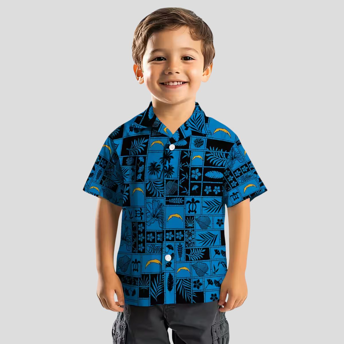 Tropical Patchwork Los Angeles Chargers Hawaiian Shirt Blue & Black for Summer Fans
