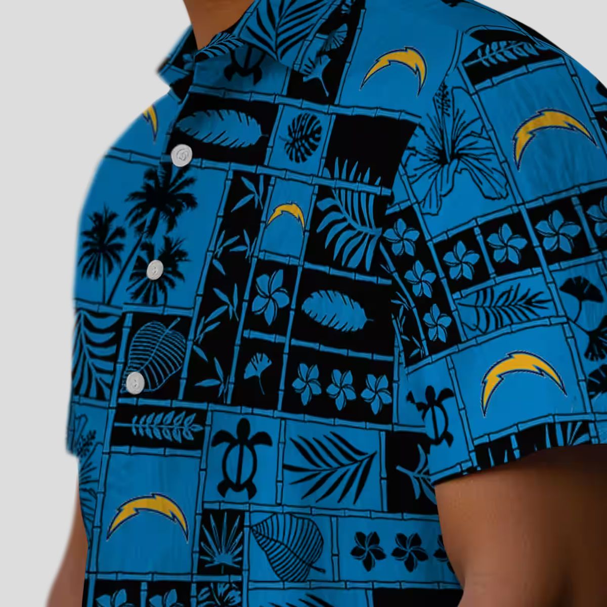 Tropical Patchwork Los Angeles Chargers Hawaiian Shirt Blue & Black for Summer Fans