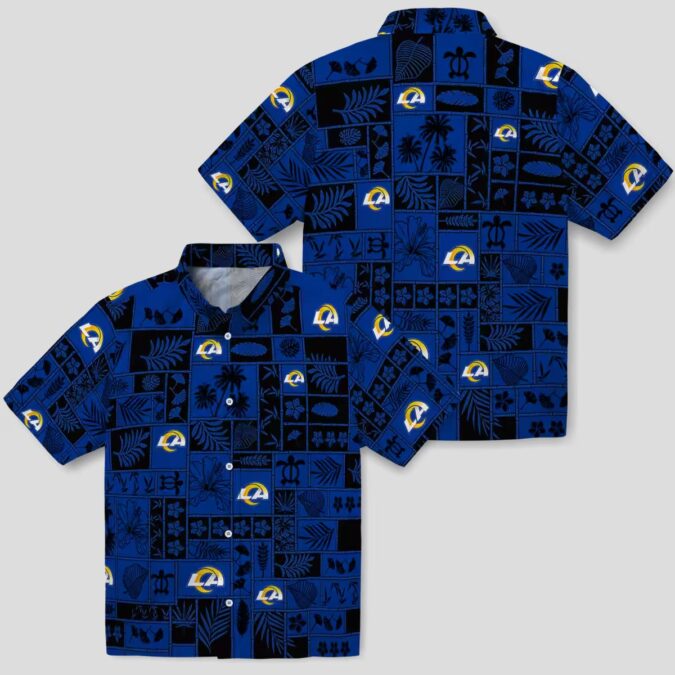 Blue Black Los Angeles Rams Hawaiian Shirt, Tropical Patchwork Design for NFL Fans