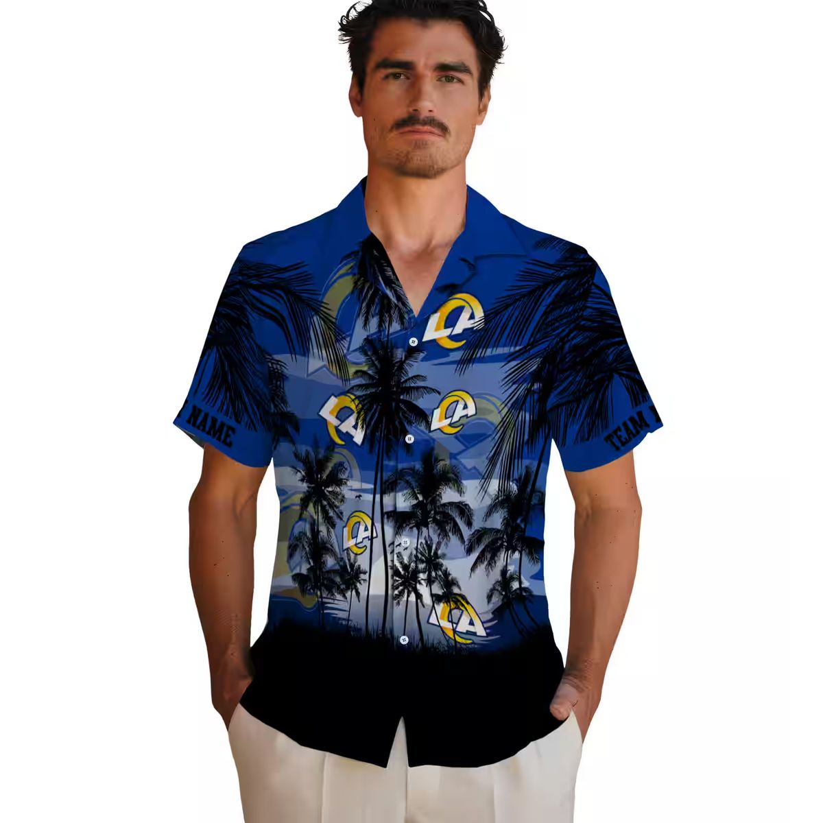 Blue Black Los Angeles Rams Sunset Hawaiian Shirt, Custom Aloha Shirt for NFL Fans