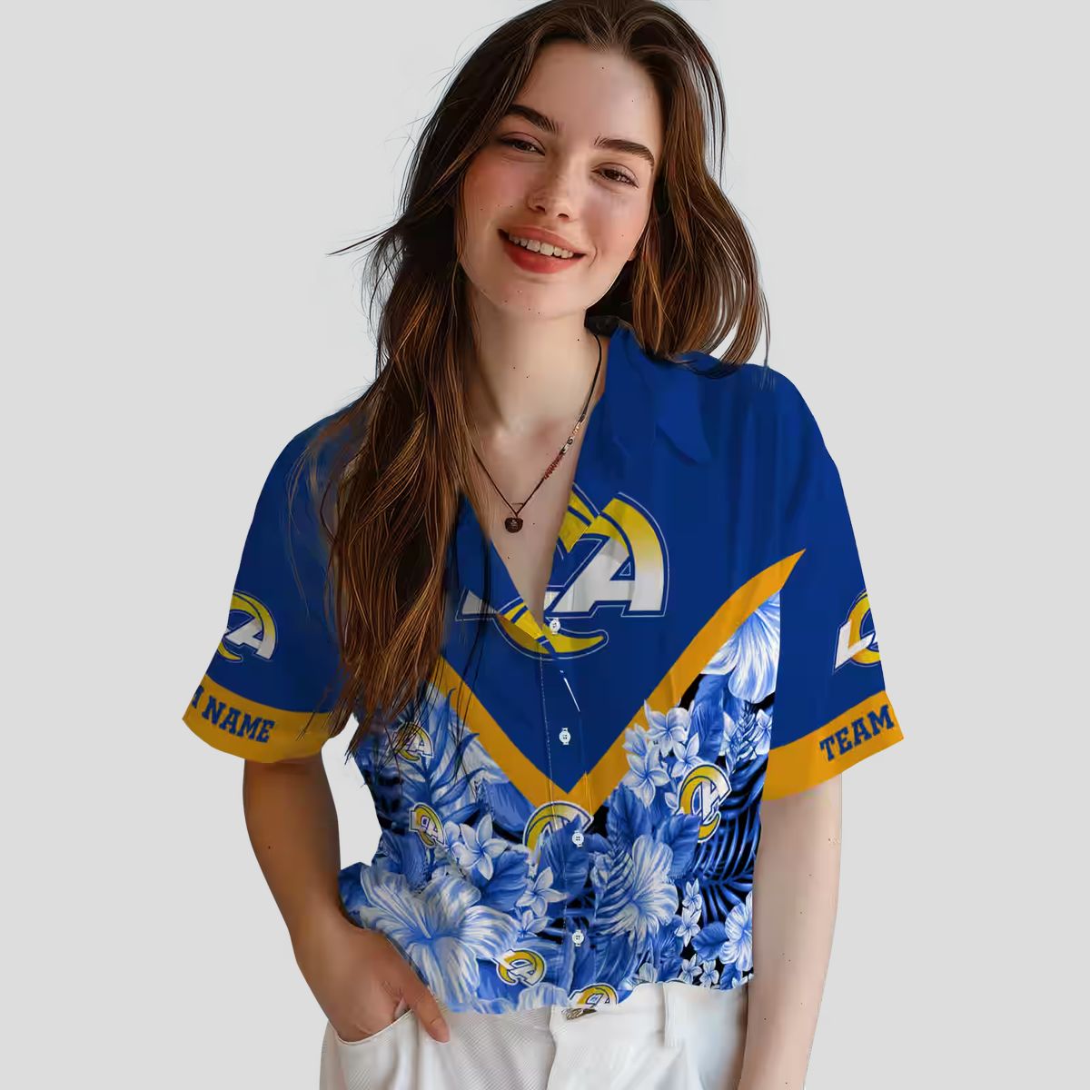 Blue Floral Chevron Hawaiian Shirt, Los Angeles Rams Custom NFL Shirt for Beach