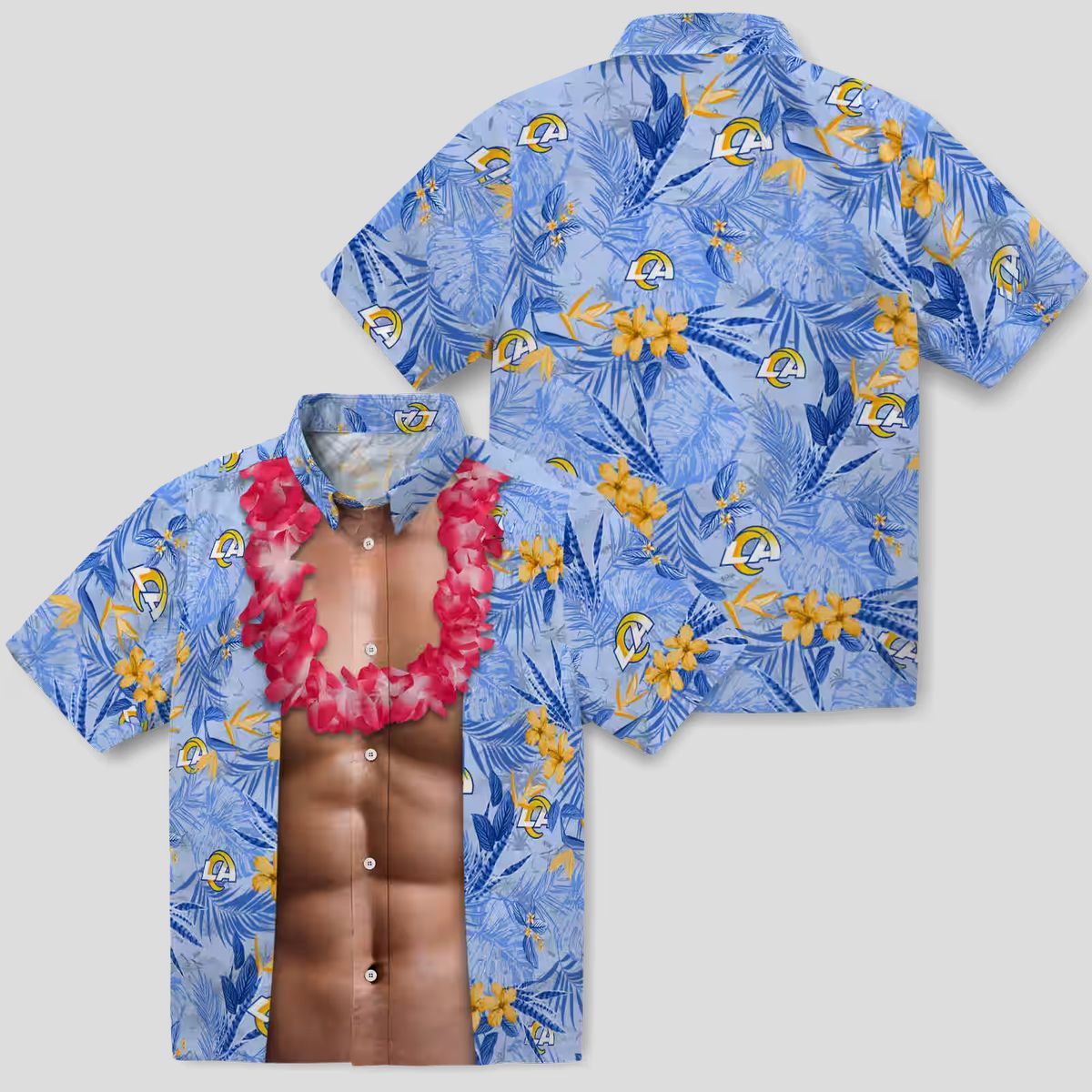 Blue Hawaiian Shirt with Los Angeles Rams Logo, Chest Illusion Tropical Aloha Design