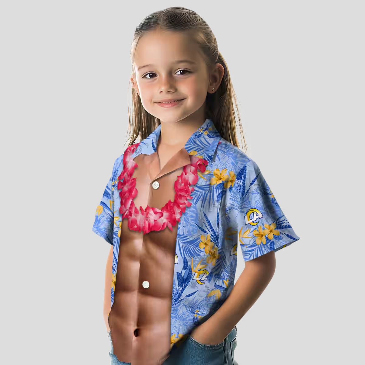 Blue Hawaiian Shirt with Los Angeles Rams Logo, Chest Illusion Tropical Aloha Design