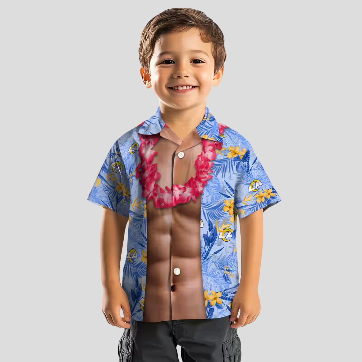 Blue Hawaiian Shirt with Los Angeles Rams Logo, Chest Illusion Tropical Aloha Design
