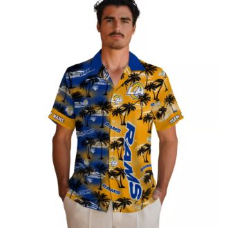 Blue Los Angeles Rams Hawaiian Shirt with Palm Silhouettes, Tropical Custom NFL Shirt