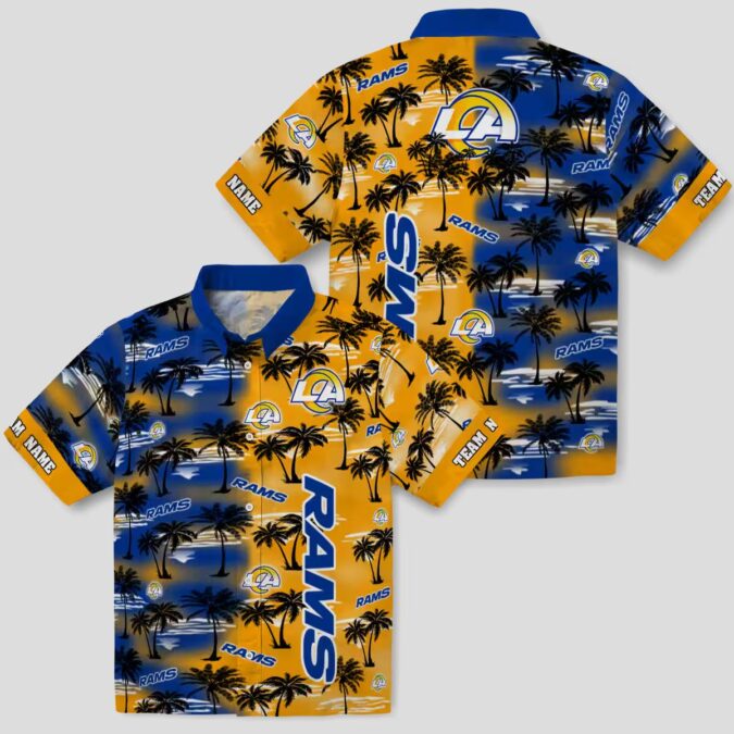 Blue Los Angeles Rams Hawaiian Shirt with Palm Silhouettes, Tropical Custom NFL Shirt